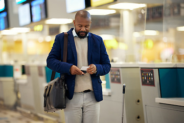 Image showing Black man, airport and passport with plane ticket ready for travel, departure or flight time by help desk. African American male waiting at airline terminal with documents for traveling services