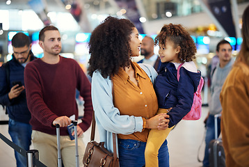 Image showing Airport, happy mother and girl at international flight check for plane board or airplane ticket payment. Happy mom, child and family waiting at gate for air travel and security before transport