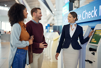 Image showing Woman, passenger assistant and couple at airport by self service check in station for information, help or FAQ. Portrait of happy female services agent helping travelers register or book air flight