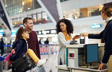 Image showing Family, travel and holiday, child with parents at airport with happiness, excited and ready for adventure with passport. Happy people, diversity and freedom with vacation abroad, flight and airplane