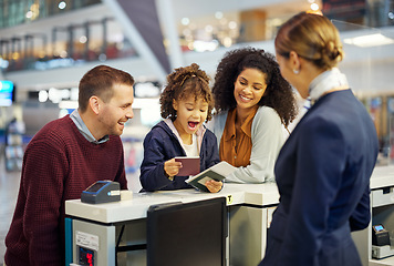 Image showing Family, travel and excited child with parents at airport with happiness, vacation and ready for adventure with passport. Happy people, diversity and freedom with holiday abroad, flight and airplane