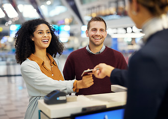 Image showing Couple, airport reception and security check with black woman, concierge help desk and identity for travel. Man, women and documents for immigration, inspection or international transport for holiday