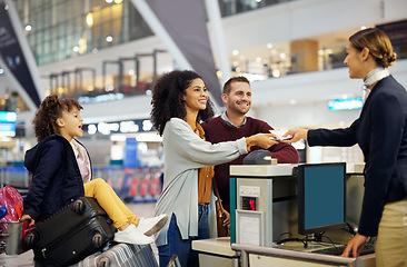 Image showing Family, travel and vacation, child with parents at airport with happiness, excited and ready for adventure with passport. Happy people, diversity and freedom with holiday abroad, flight and airplane