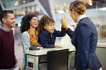 Image showing Family, travel and high five, child and parents with airport staff, happiness and vacation, ready for adventure. Happy people, diversity and freedom, support with holiday abroad, flight and airplane