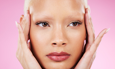 Image showing Black woman, beauty headshot and hands in studio with facial cosmetics, vision or makeup by pink background. African gen z model, girl and healthy natural glow on skin for wellness, aesthetic or care