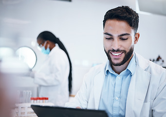 Image showing Science, research and tablet with man in laboratory for medicine, pharmacy and healthcare vaccine. Medical, internet and technology with expert reading data for experiment, investigation and cure