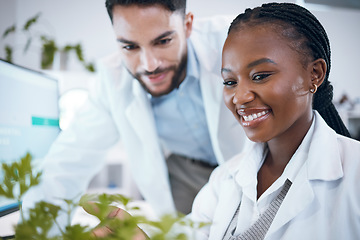 Image showing Science plants, teamwork and scientist people in pharmaceutical research, sustainable or herb medicine. Medical pharmacist and happy internship partner in laboratory for eco friendly, growth solution