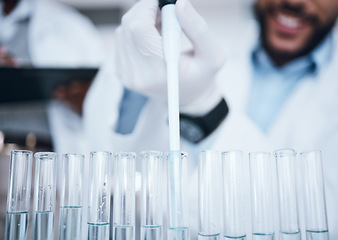 Image showing Science, liquid and test tube in laboratory for research, medicine development and chemistry. Biotechnology, pharmaceutical and scientist hands with pipette for experiment, lab study and analysis