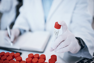 Image showing Science, blood and hands with test tube in laboratory for medical research, medicine development and dna testing. Biotechnology, healthcare and scientist with vial for rna exam, study and analysis