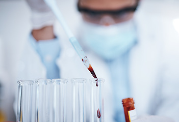 Image showing Science, blood and hands with vial in laboratory for scientific research, dna testing or exam. Healthcare, biotechnology and scientist with pipette for liquid sample, rna study and medical analytics