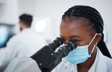 Image showing Microscope, covid scientist and black woman in laboratory for experiment, research or analysis. Science, innovation and female doctor or medical expert with equipment for testing bacteria and corona.