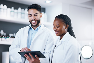 Image showing Science research, tablet and scientist people with pharmaceutical report, medicine data and digital analysis. Medical professional, black woman or internship partner in laboratory for online feedback