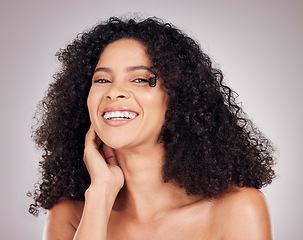 Image showing Hair, beauty and portrait of black woman with smile for natural wellness, growth and shine on gray background. Skincare, luxury salon and happy girl with cosmetic makeup, self care and face treatment