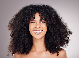 Image showing Hair, beauty and portrait of black woman for natural wellness, growth and shine on gray background. Skincare, luxury salon and happy girl smile in studio for cosmetics, self care and face treatment