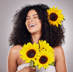 Image showing Portrait, cheerful or face of black woman with sunflower in hair in studio for spring time, luxury spa or self care. Aesthetic, happy model or girl model with plant for skincare, cosmetic or makeup