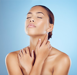 Image showing Woman, beauty and eyes closed in studio for cosmetics, wellness and skincare glow from salon spa. Calm model face, facial and healthy aesthetic of laser dermatology, natural shine and transformation