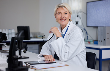 Image showing Portrait, senior woman and scientist with smile, laboratory and research for medical cure, healthcare and microscope. Face, mature female and old lady with, medicine and happy researcher in lab