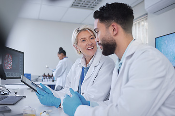 Image showing Happy, teamwork or scientist working on tablet in lab for medical search, innovation or science study in lab. Medicine or doctors assistant on tech for healthcare report or wellness DNA research news