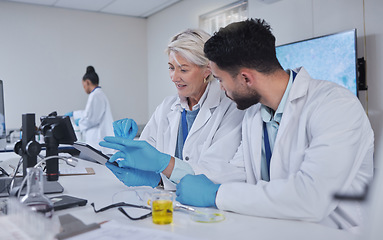 Image showing Communication, teamwork or scientist working on tablet in lab for medical search, innovation or science study in lab. Medicine or doctors assistant on tech for healthcare or wellness DNA research