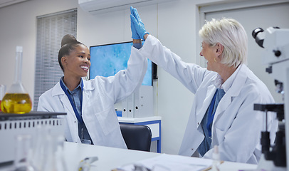 Image showing High five, teamwork or doctors for success research, medicine breakthrough or partnership in lab. Science, collaboration or happy scientist for medical support, nurse goals or DNA news with smile