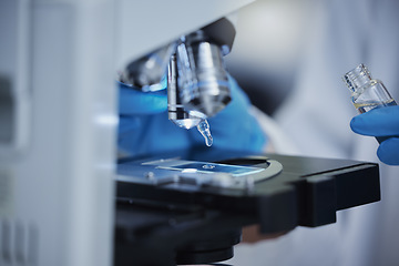 Image showing Science, sample and dropper with microscope in laboratory for medicine, pharmacy or vaccine cure. Bacteria, glass slide and technology with research equipment for experiment, medical or investigation