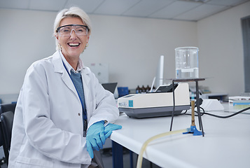 Image showing Mature woman, portrait or laboratory glass in science research, future dna engineering or bacteria analytics on fire. Happy, smile or scientist equipment in healthcare pharmacy test or medical study