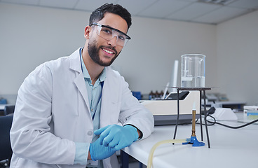 Image showing Man, portrait and laboratory glass in science research, future dna engineering or innovation analytics on fire. Happy, smile and scientist beaker in healthcare pharmacy test and medical study safety