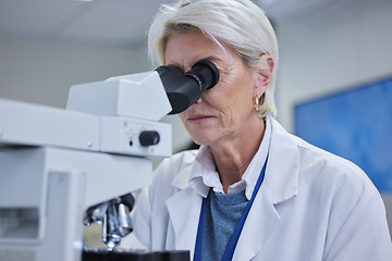 Image showing Mature woman, laboratory or microscope in science research, future dna engineering or bacteria analytics. Scientist, magnify or equipment in healthcare pharmacy test, medical or particles innovation