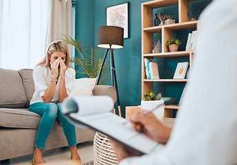 Image showing Mental health, woman crying on sofa and psychologist consulting, writing notes on clipboard for advice in office. Stress, anxiety and depression, sad patient and therapist help in consultation room.