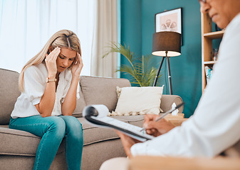 Image showing Mental health, counseling with doctor and patient, anxiety and depression, women in office and psychology. Trauma, stress headache or frustrated with support, psychologist writing notes or checklist