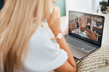 Image showing Laptop, video call and mental health with virtual counselling consultation, doctor and patient with communication Psychologist, depression and women talk about trauma and anxiety, support and trust