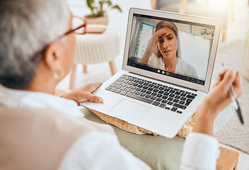 Image showing Laptop, video call and mental health with virtual therapy consultation, doctor and patient with communication. Psychologist, depression and women talk about trauma and anxiety, support and trust