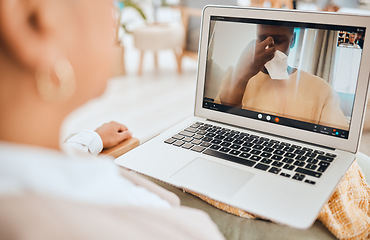 Image showing Psychology, laptop and video call, mental health with therapy, virtual consultation and doctor with patient. Psychologist, depression and people talk about trauma and anxiety with support and trust