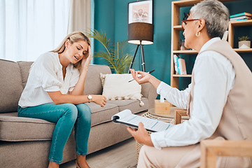 Image showing Woman on sofa, psychologist with advice and clipboard for mental health and consulting office. Stress, anxiety and depression, sad and depressed patient and healthcare therapist in consultation room.