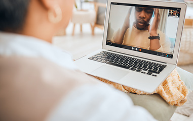 Image showing Laptop screen, video call and mental health with people in virtual counseling consultation, doctor and patient. Psychologist, depression and trauma, anger and anxiety with support and trust