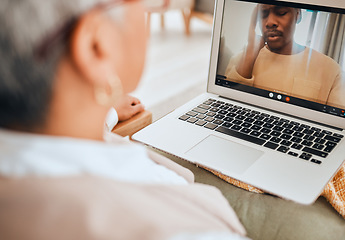 Image showing Depression, laptop and video call with mental health and people in virtual counseling consultation with doctor and patient. Psychologist, stress headache and trauma with anxiety, support and trust