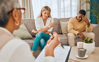 Image showing Couple on sofa, psychologist with clipboard for mental health advice and consulting in office. Stress, anxiety and depression, sad black man and woman and healthcare therapist in consultation room.