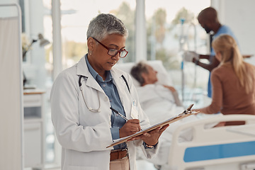 Image showing Healthcare, senior doctor and clipboard, medical checklist with inventory check or symptoms with health paperwork. Old woman writing, information and medicine prescription with hospital or clinic