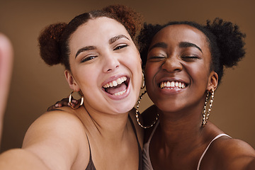 Image showing Beauty, friends and smile with selfie of black women for social media, skincare and fashion. Happy, skincare and picture with portrait of girls for cosmetics, makeup and young in brown background