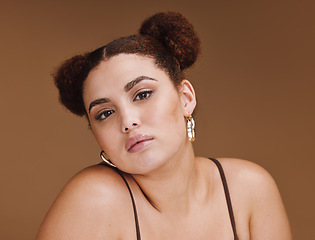 Image showing Black woman, beauty portrait and skincare on background of aesthetic facial, cosmetics and studio face. Young gen z model, curly hair and style for dermatology, wellness or laser salon transformation