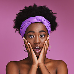 Image showing Beauty, skincare and shock, portrait of black woman with hand in face isolated on purple background. Surprise, wow and facial cosmetics or natural makeup for healthy, glowing skin on model in studio.