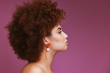 Image showing Model, profile or afro hairstyle on isolated purple background in empowerment, curly maintenance or skincare salon promotion. Beauty woman, natural or hair growth texture on cosmetics studio mock up