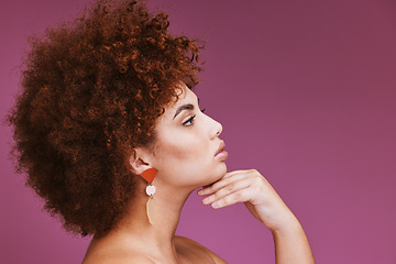 Image showing Model, profile or afro hair on isolated studio background in empowerment, curly maintenance or skincare salon promotion. Beauty woman, natural or hairstyle growth texture on purple cosmetics mock up