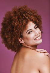 Image showing Happy woman, shoulder and afro hairstyle portrait in empowerment, curly maintenance or skincare salon. Smile, beauty model or natural hair texture on cosmetics studio or on isolated purple background