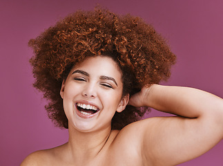 Image showing Laughing woman, portrait or afro hairstyle on isolated studio background in plus size wellness, curly growth or salon target goals. Smile, happy or beauty with natural hair texture on skincare studio