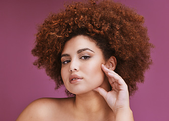 Image showing Woman, portrait and afro hairstyle in beauty skincare, growth texture maintenance or relax salon wellness. Hands, hair and natural face makeup on studio model, isolated purple background or backdrop