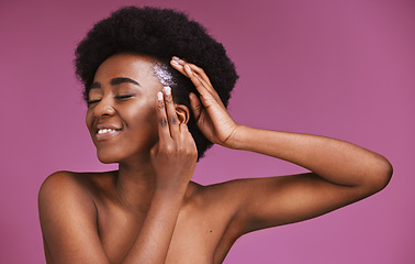 Image showing Happy black woman, hands or afro haircare product on beauty background in grooming, growth texture or roots wellness. Conditioner, cream or natural hair model with skincare on isolated pink backdrop