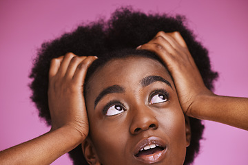 Image showing Black woman, thinking or afro hairstyle touch for beauty skincare ideas, growth texture maintenance or salon wellness. Zoom, face or natural hair for model vision, makeup or isolated pink background