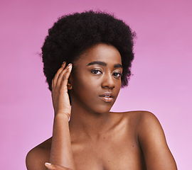 Image showing Afro, natural and hair with portrait of black woman in studio for beauty, wellness and grooming on purple background. Haircare, hairstyle and face of girl model relax with luxury, hygiene and routine