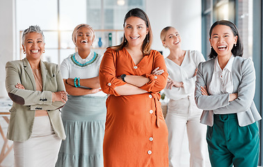 Image showing Portrait, diversity and professional women together for happy teamwork, global career and office group empowerment. Proud asian, black woman and senior business people or employees in company success